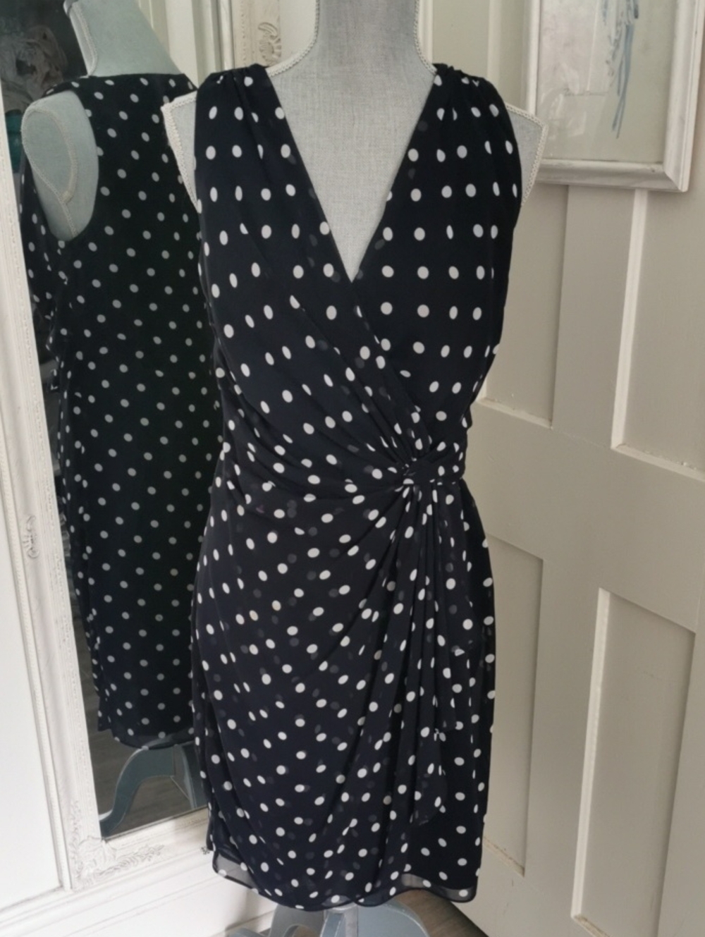 Ralph Lauren Cocktail Black/White Polkadot Career Ruched Sleeveless Dress. 8